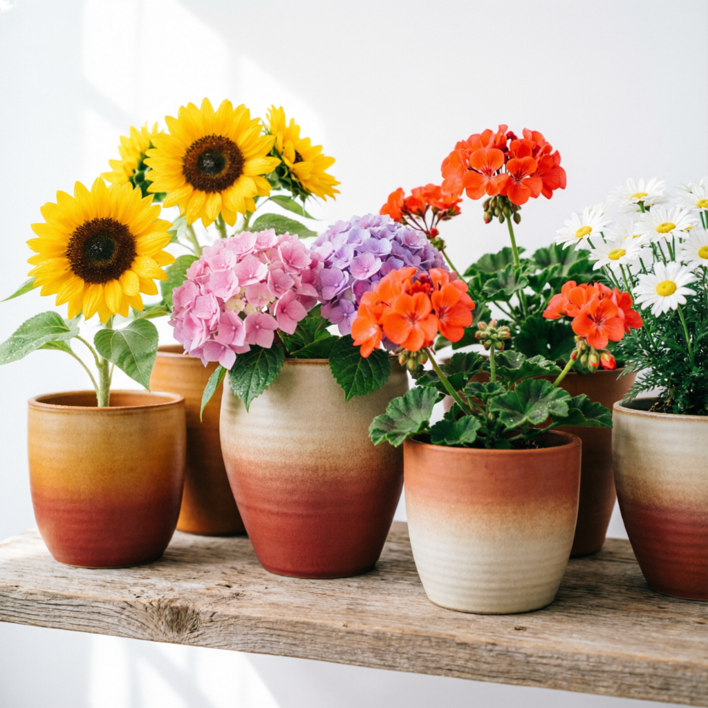 Beautiful collection of ceramic and terracotta flower pots with vibrant blooming flowers