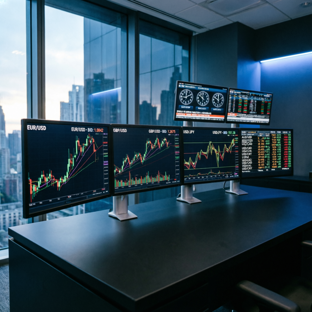Professional trading desk setup with multiple forex charts