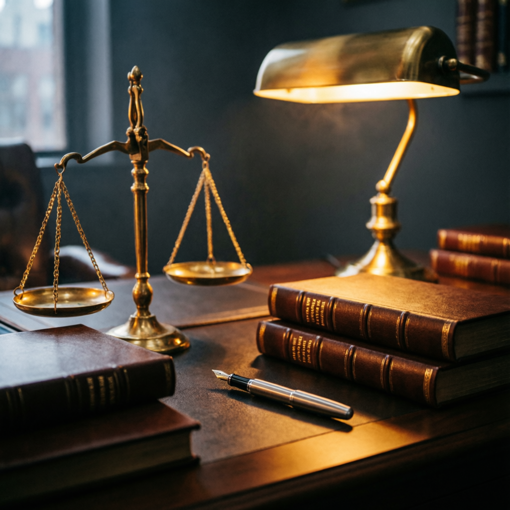 Balança da justiça em latão sobre mesa de madeira com códigos jurídicos