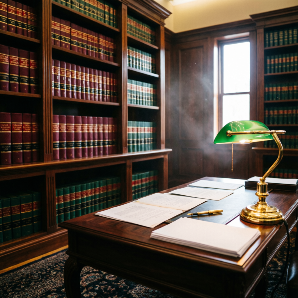 Biblioteca jurídica do escritório com estantes de códigos e mesa de trabalho