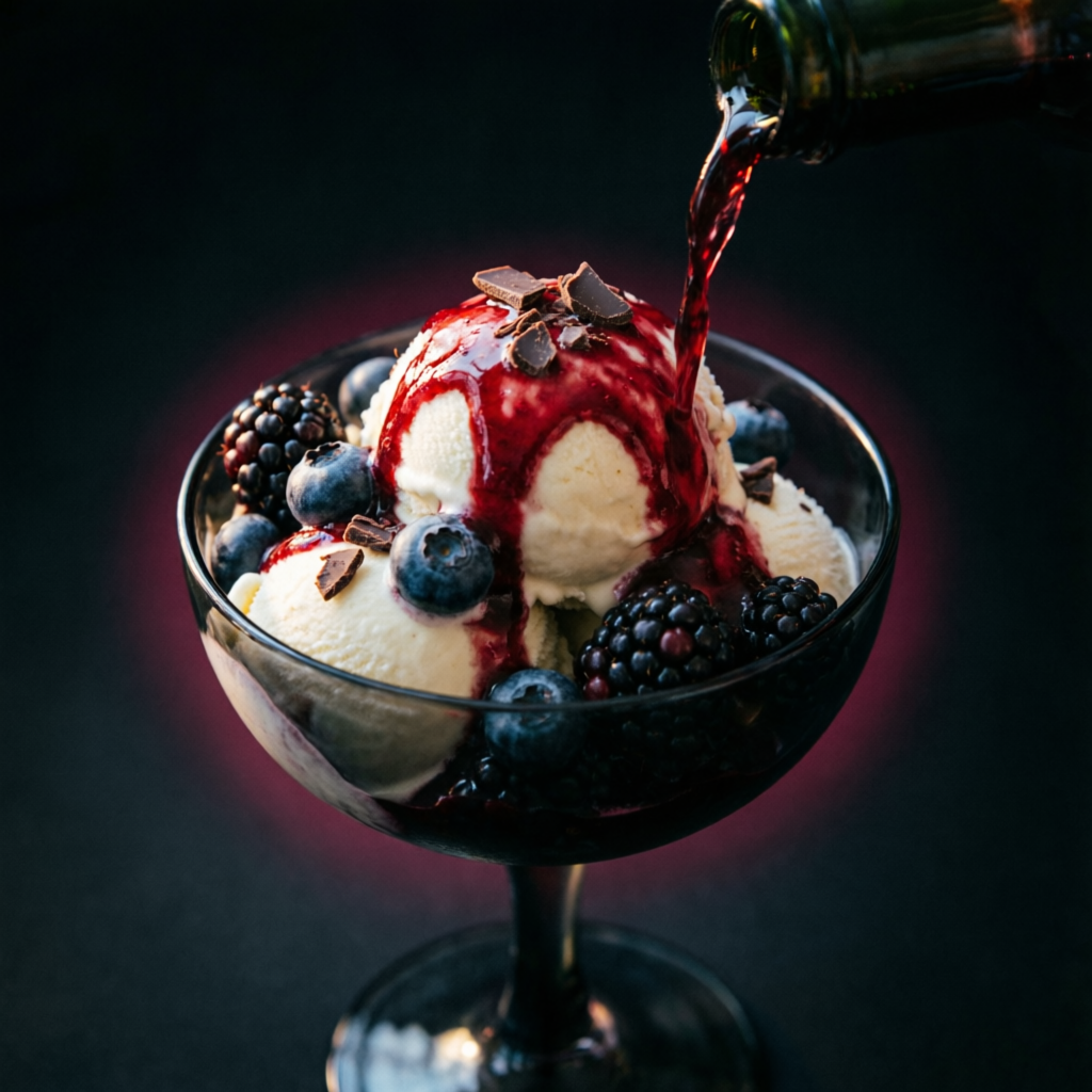 Helado de vainilla ahogado en salsa de frutos rojos, chocolate obscuro y vino tinto