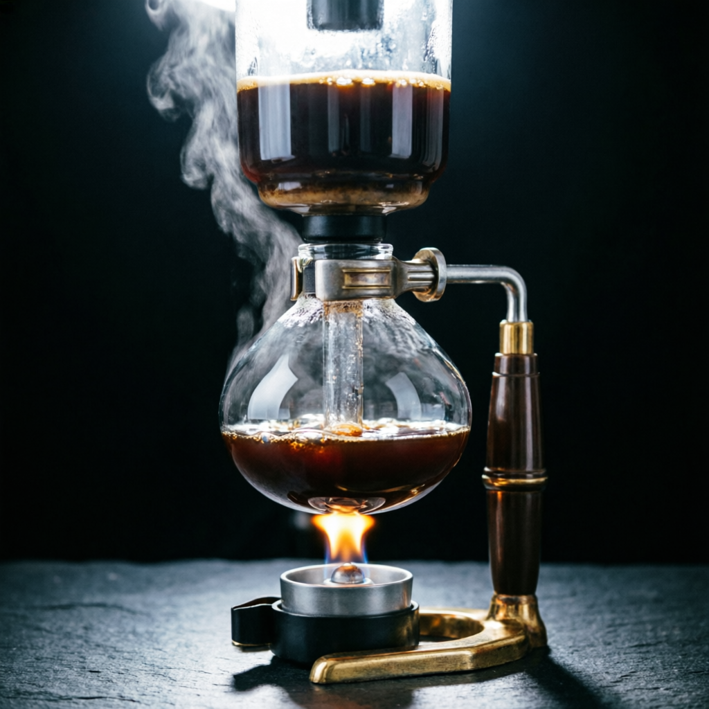 Sifón japonés de vidrio y latón con llama y vapor en penumbra