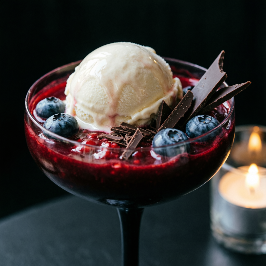 Helado de vainilla ahogado en vino tinto y frutos rojos con chocolate amargo