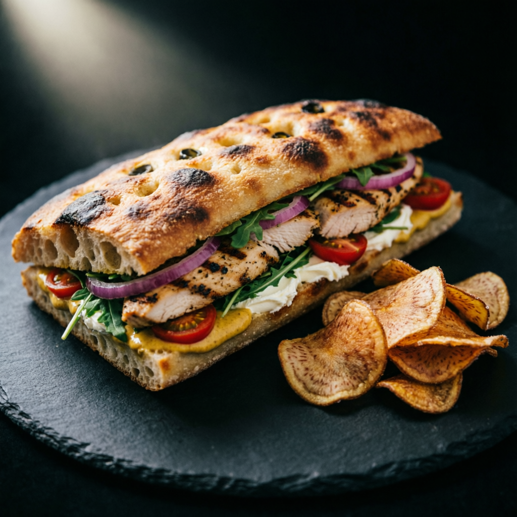 Focaccia rústica con pollo a la mostaza y chips de taro sobre pizarra negra
