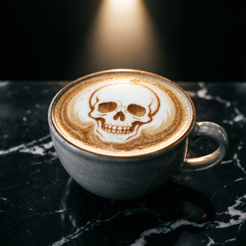 Latte art con motivo de calavera en crema y canela bajo un haz de luz