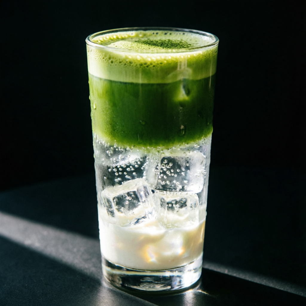Vaso alto con capas de matcha ceremonial, Yakult y agua mineral con hielo