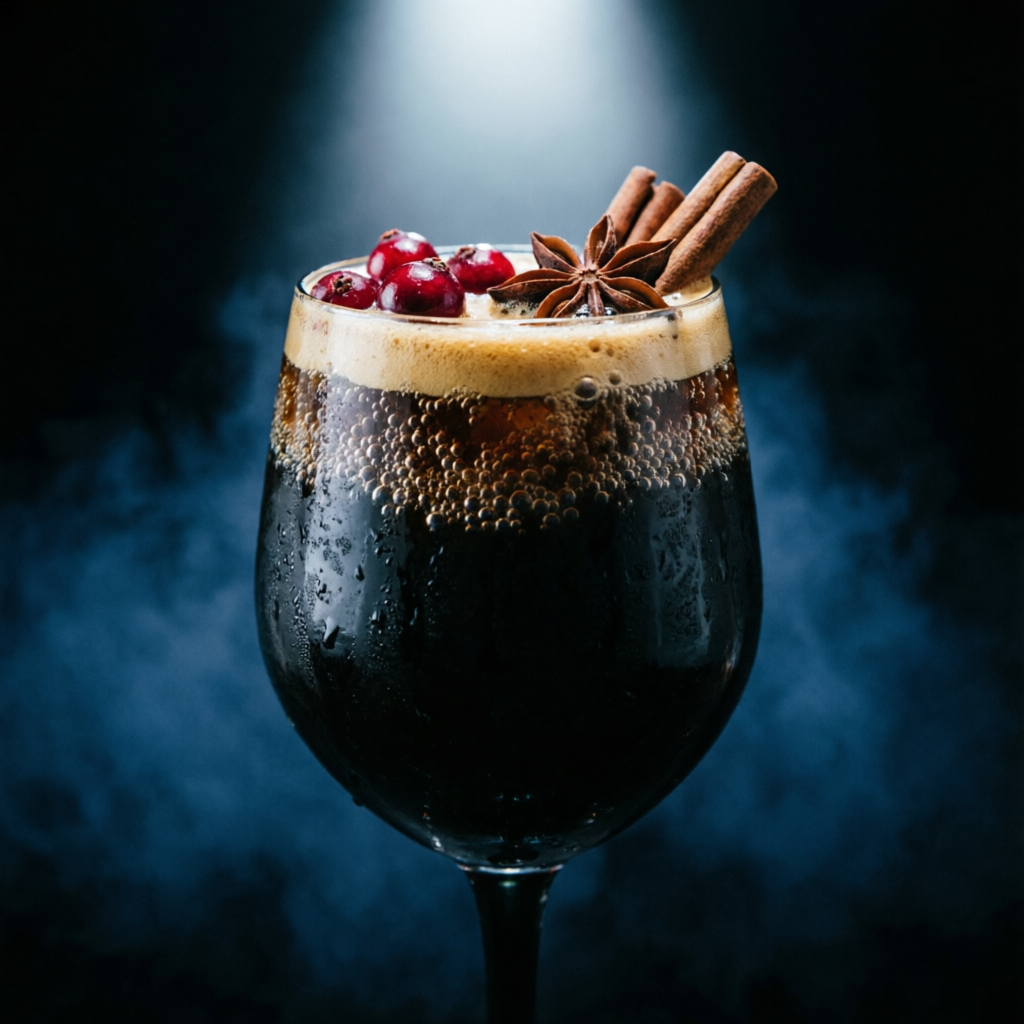 Copa oscura con infusión efervescente de espresso, cola y especias