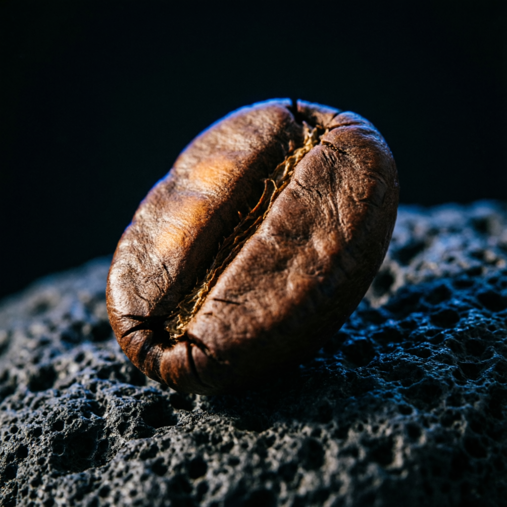 Grano de café sobre piedra volcánica