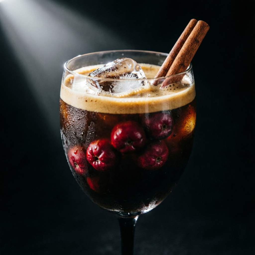 Copa oscura con espresso efervescente, frutos rojos y canela