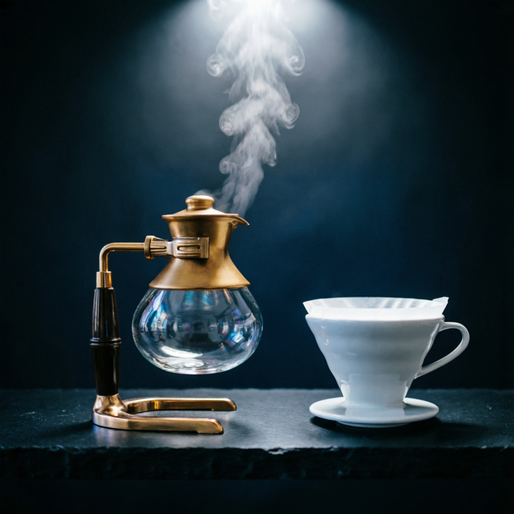 Sifón japonés y dripper V60 bajo un haz de luz
