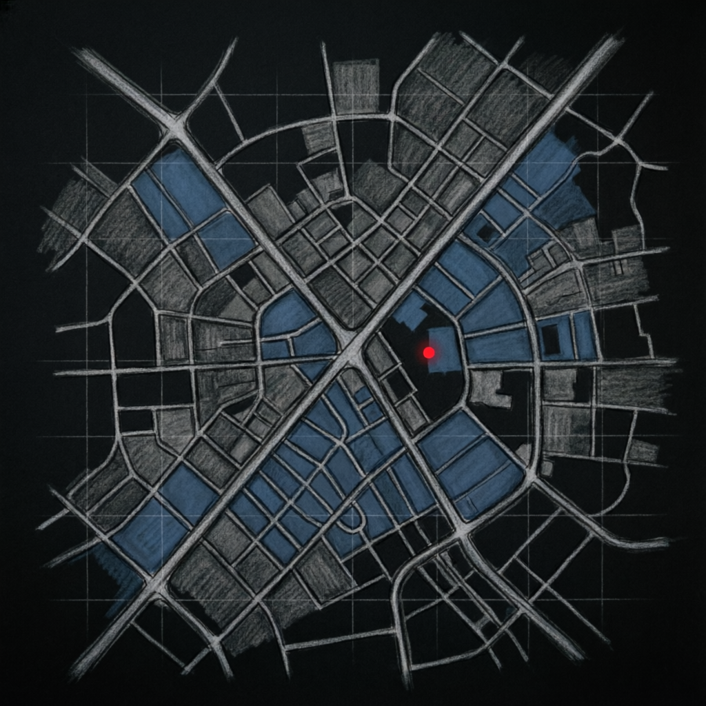 Mapa nocturno monocromático de la Colonia Juárez, Ciudad de México