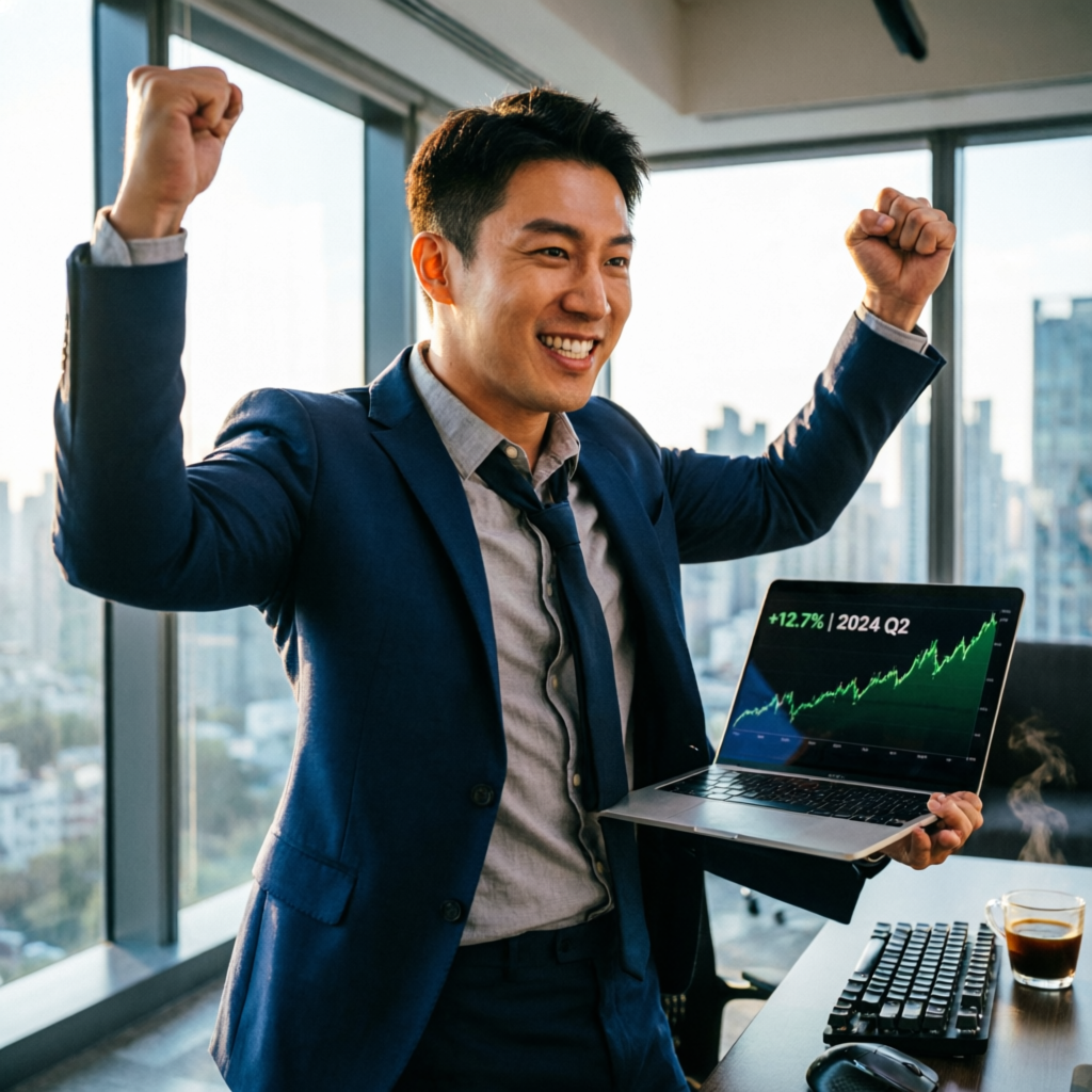 Successful trader celebrating prop firm challenge pass with profit chart on laptop