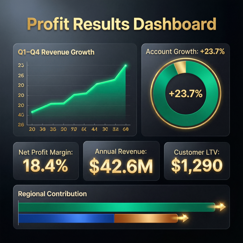 Profit results dashboard showing prop firm account growth and performance metrics