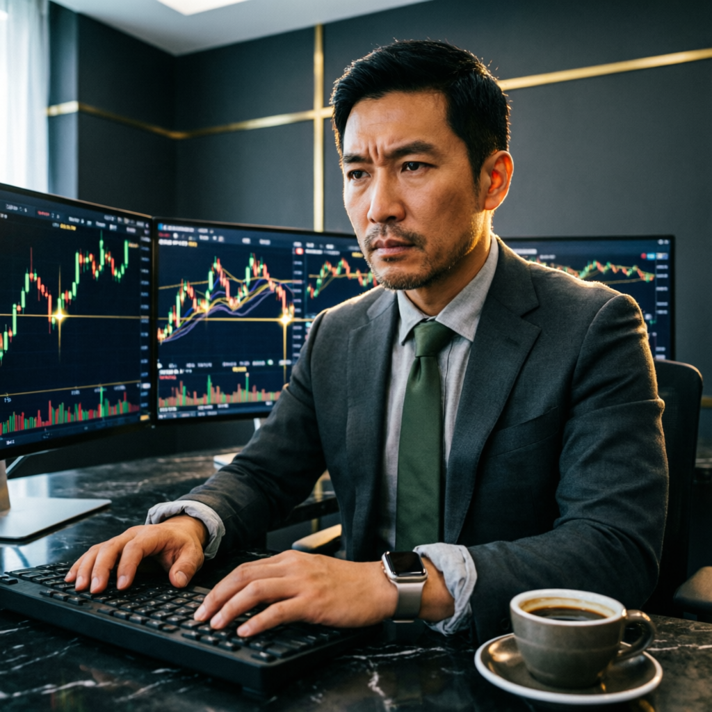 Professional forex trader managing prop firm funded account with multiple trading monitors