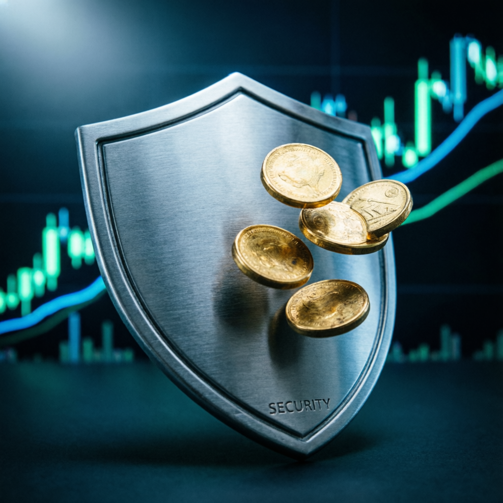 Risk management shield protecting trading capital with forex charts background