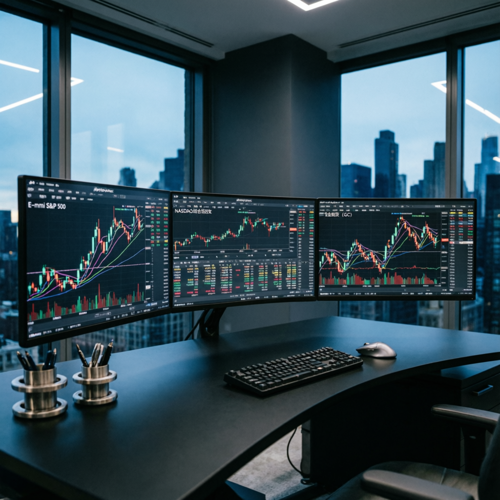 Professional trading setup with multiple monitors showing futures charts