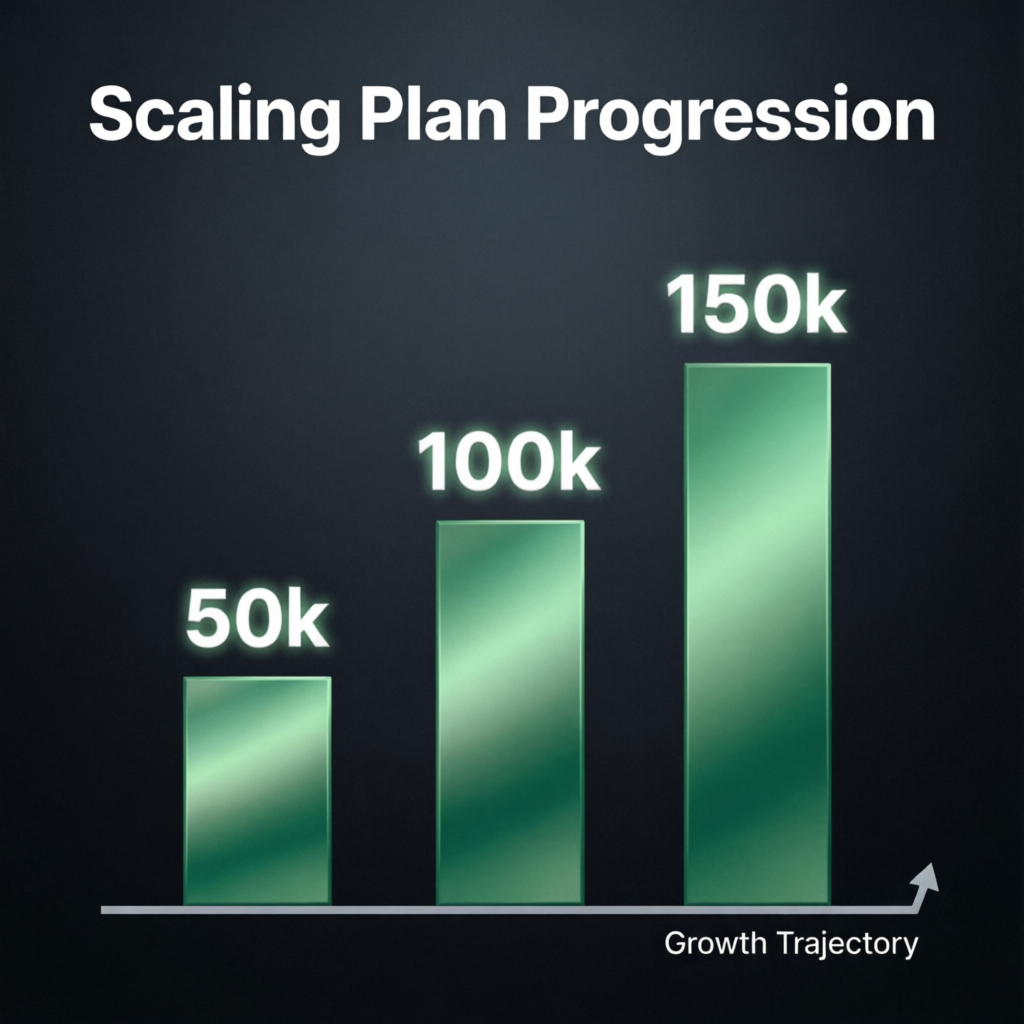 Scaling plan progression chart showing account growth from 50k to 100k to 150k