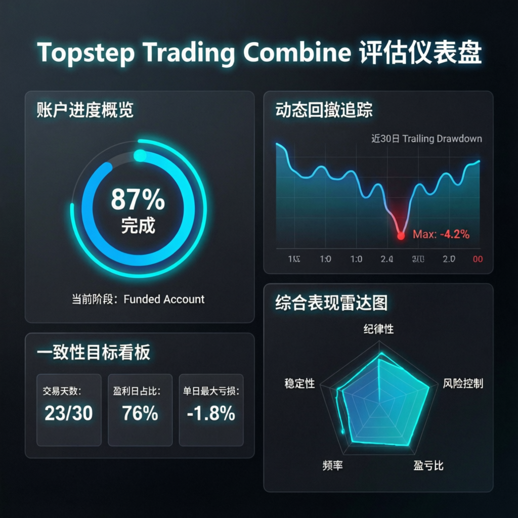 Topstep Trading Combine evaluation dashboard showing account progress and trailing drawdown