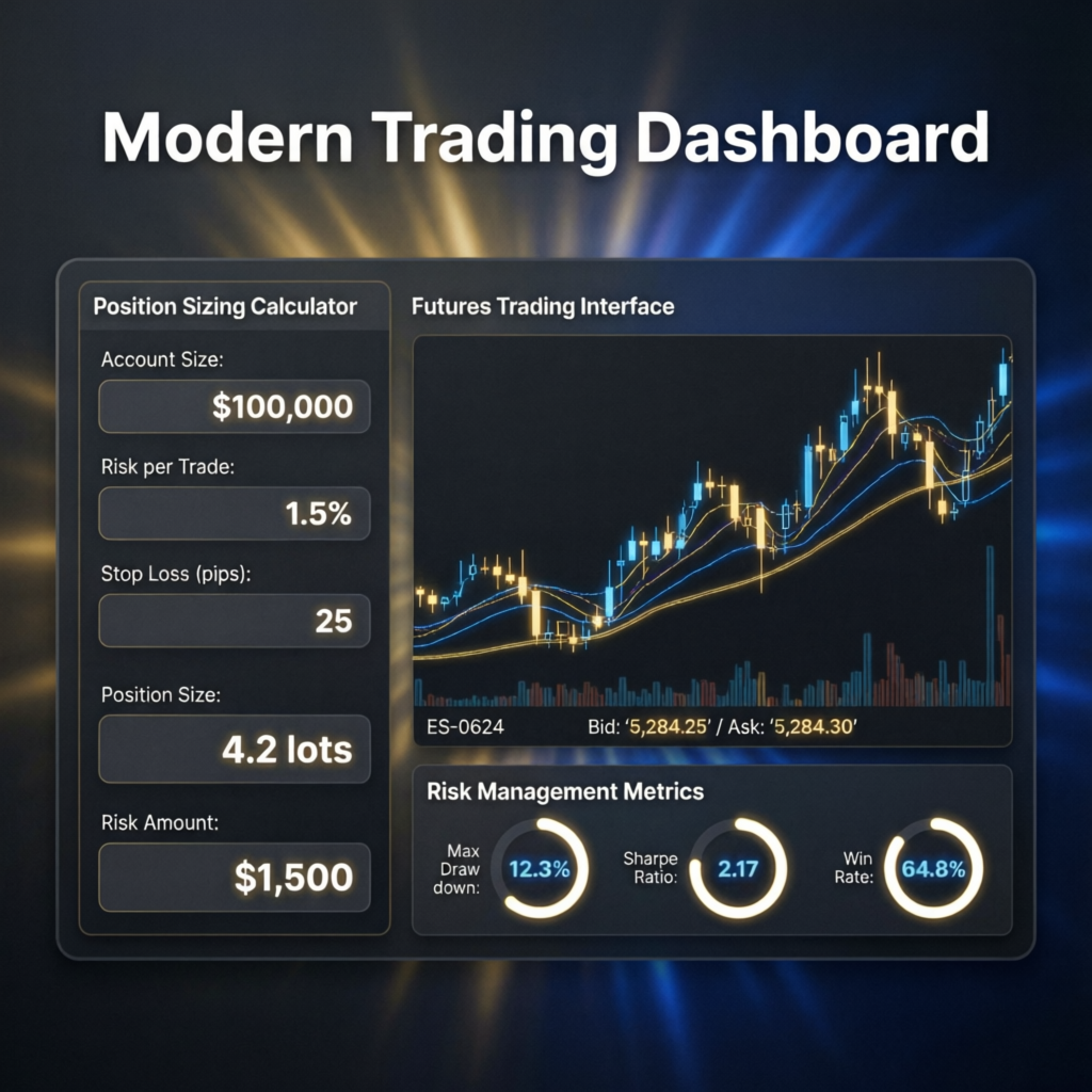 Modern trading dashboard showing position sizing calculator and risk management metrics