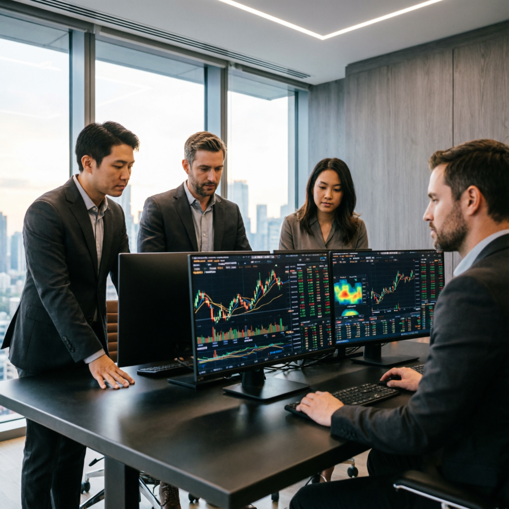 Professional prop firm trading team analyzing markets