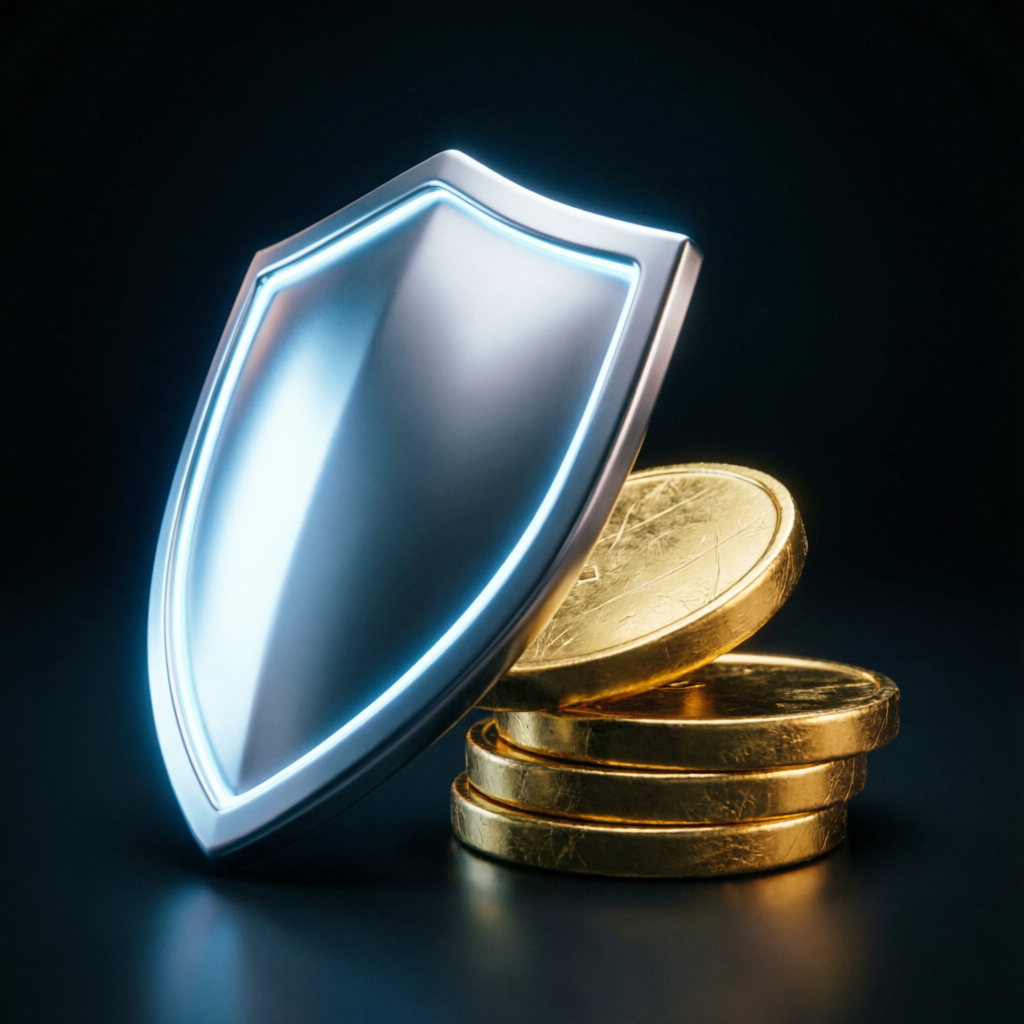 Shield protecting gold coins representing capital protection