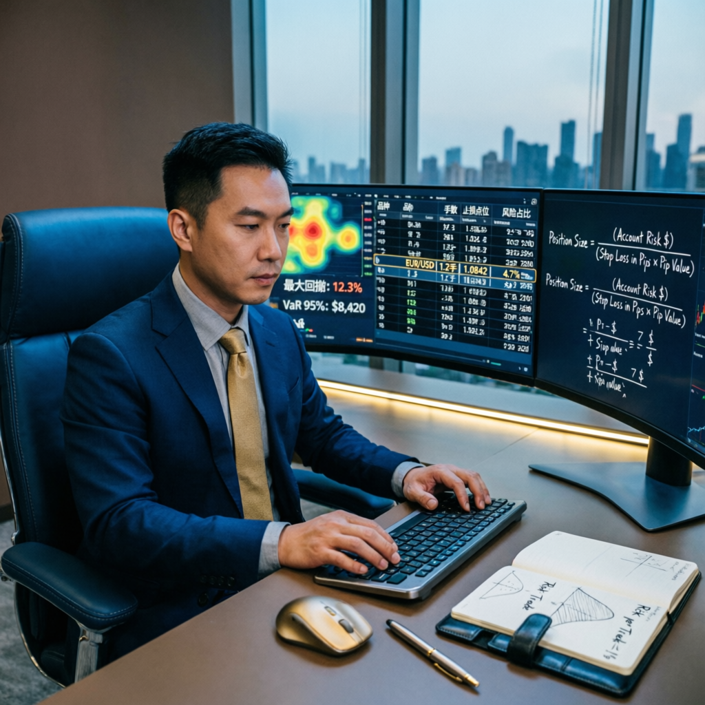 Professional forex trader analyzing risk management data