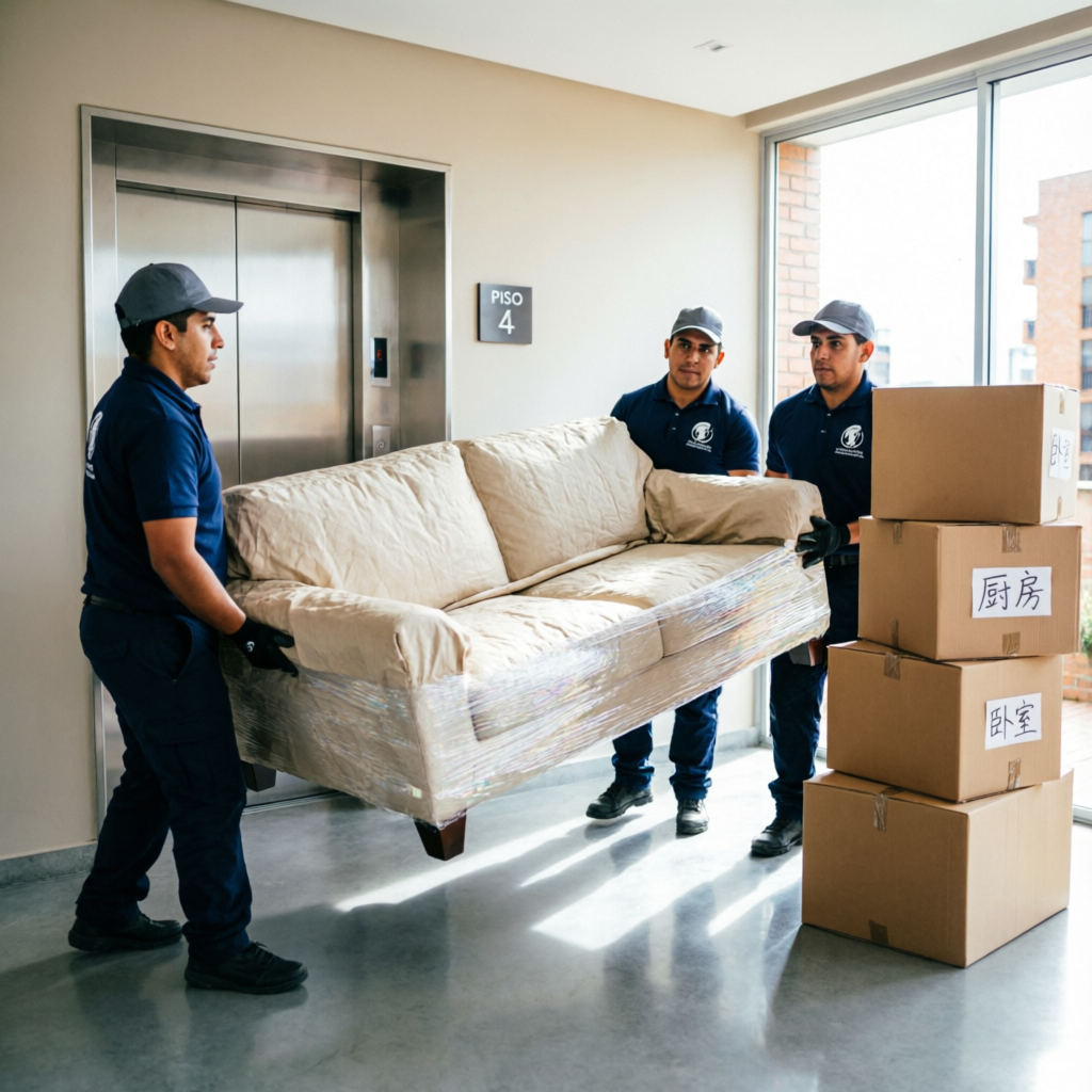 Trasteos Puente Aranda - Equipo profesional de auxiliares cargando muebles empacados con mantas y plastico pelex