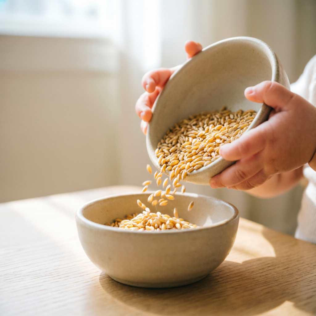 Toddler pouring grains, Montessori work