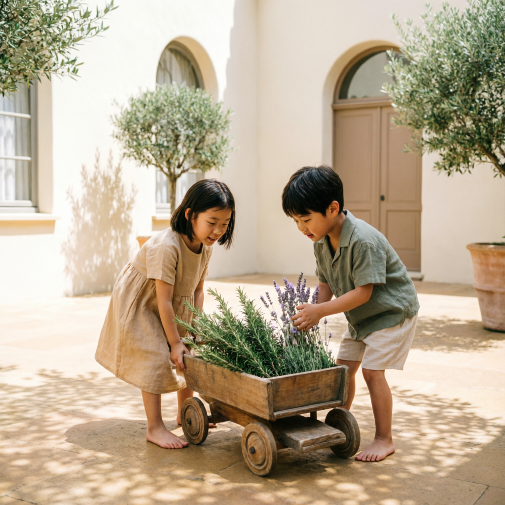 Children tending plants in the courtyard