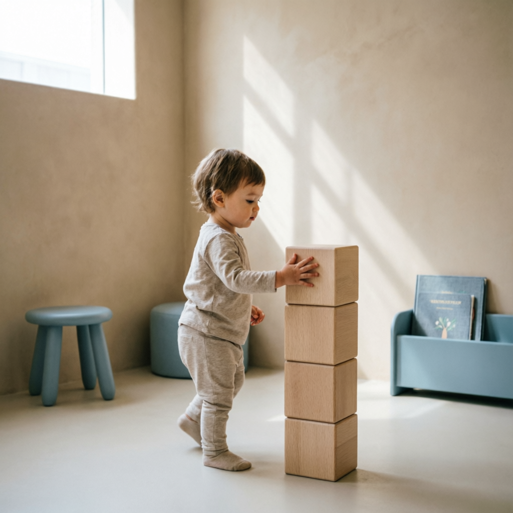 A child stacking wooden blocks in the Skyward atelier