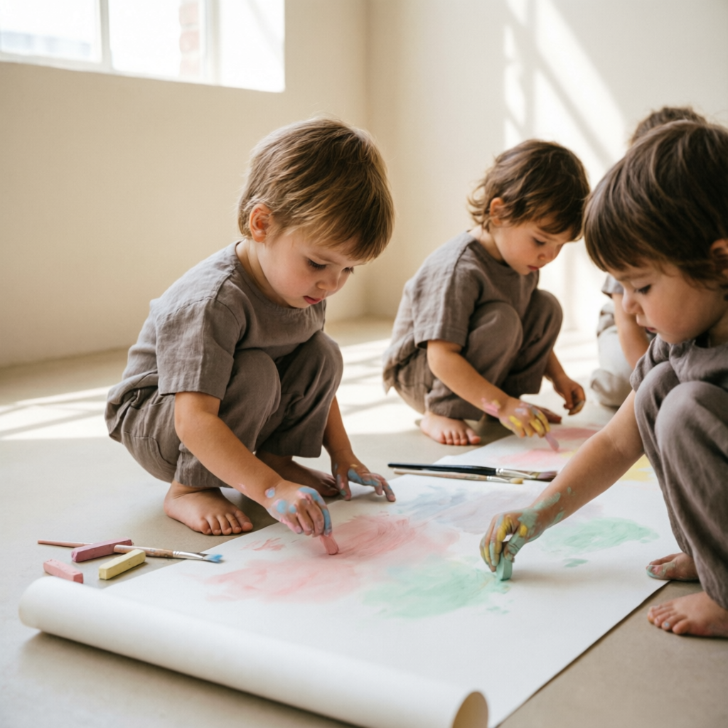 Children painting with pastels on paper