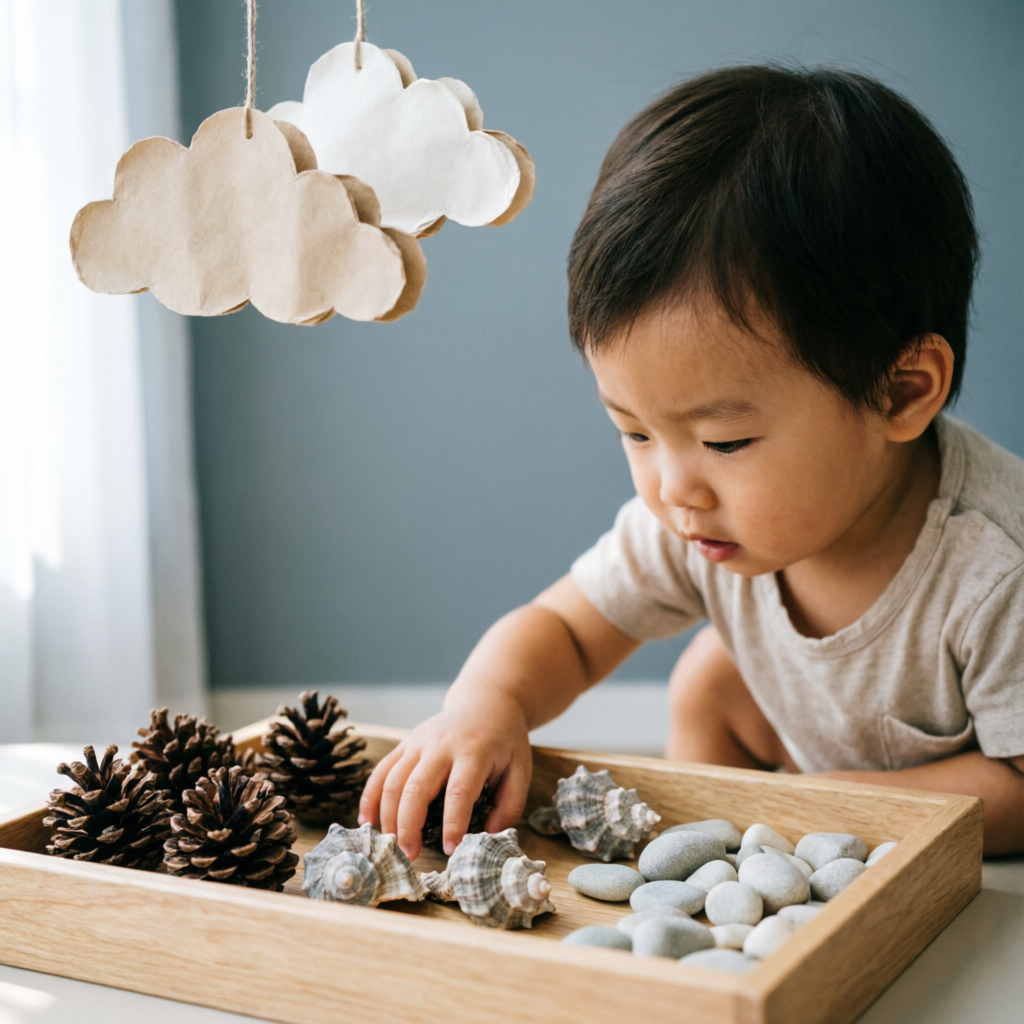 Child exploring a sensory tray under a cloud mobile
