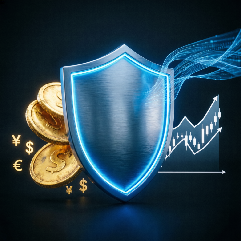Risk management shield protecting trading capital with financial charts