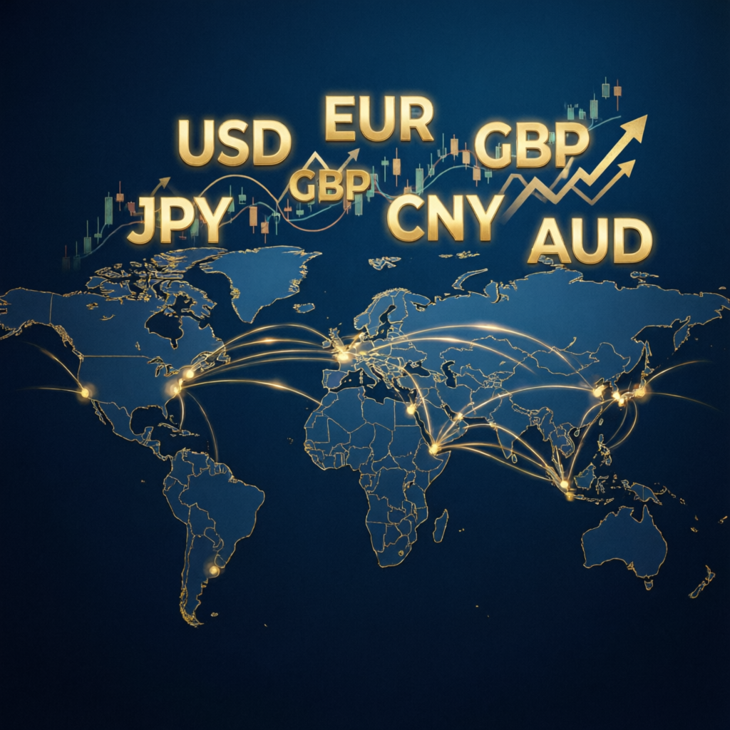 Global forex markets with currency symbols and trading connections