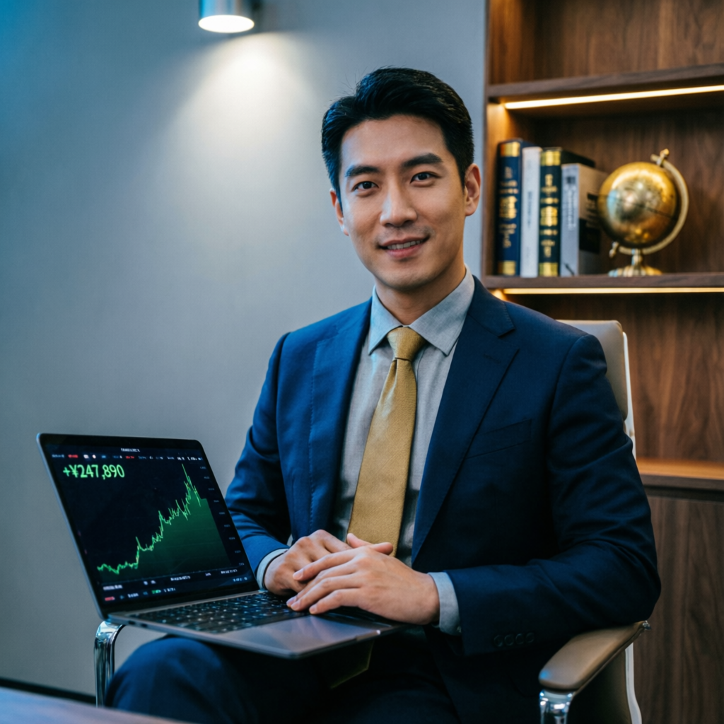 Successful trader with laptop showing profitable trading results