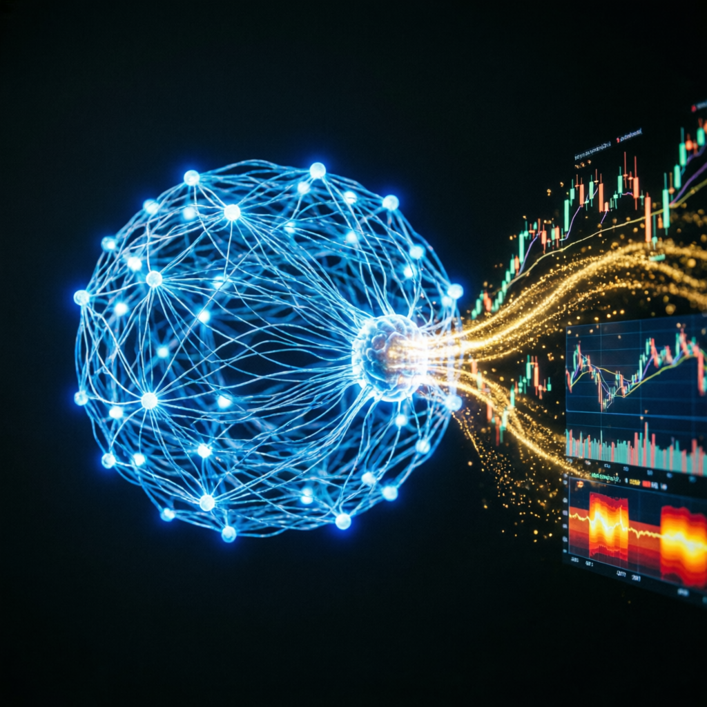 AI and algorithmic trading neural network connected to financial charts