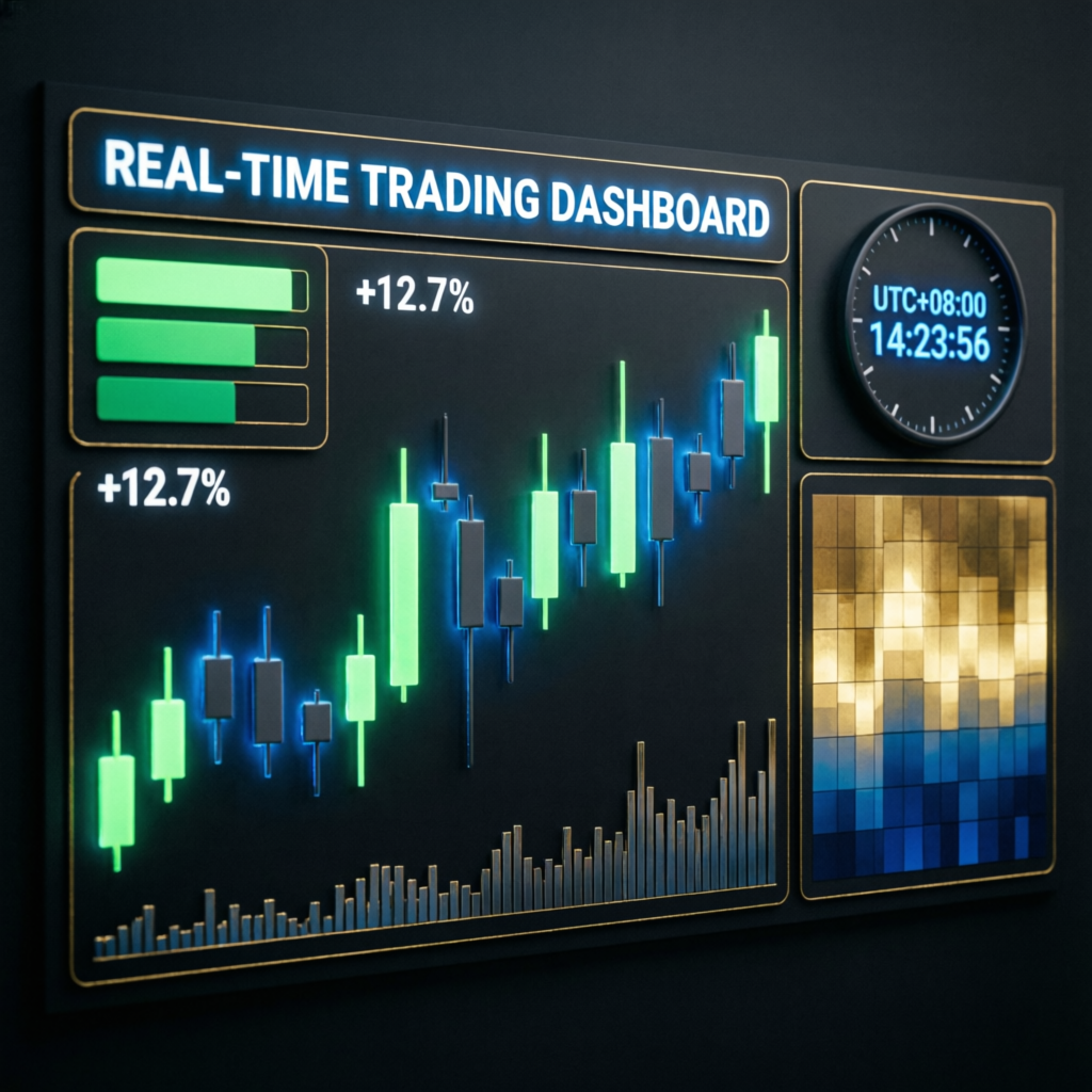 Real-time trading dashboard showing prop firm challenge progress with profit targets and risk metrics
