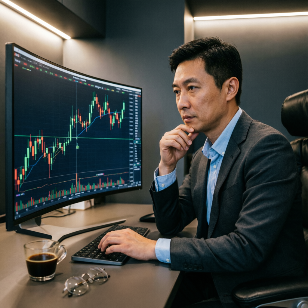Professional trader analyzing forex charts on curved monitor for prop firm challenge
