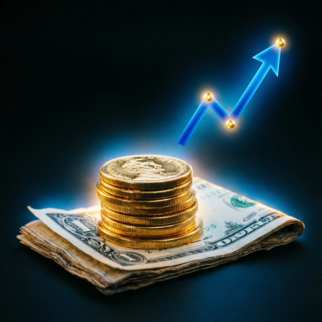 Rising profit chart with gold coins representing funded account growth