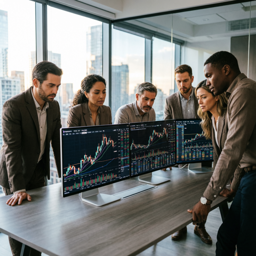 Team of expert forex traders analyzing markets together