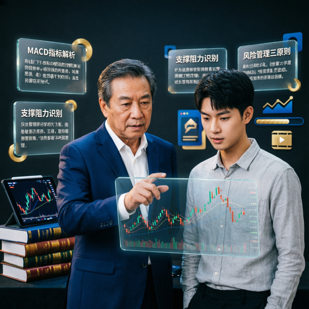 Trading education mentor guiding trader with charts