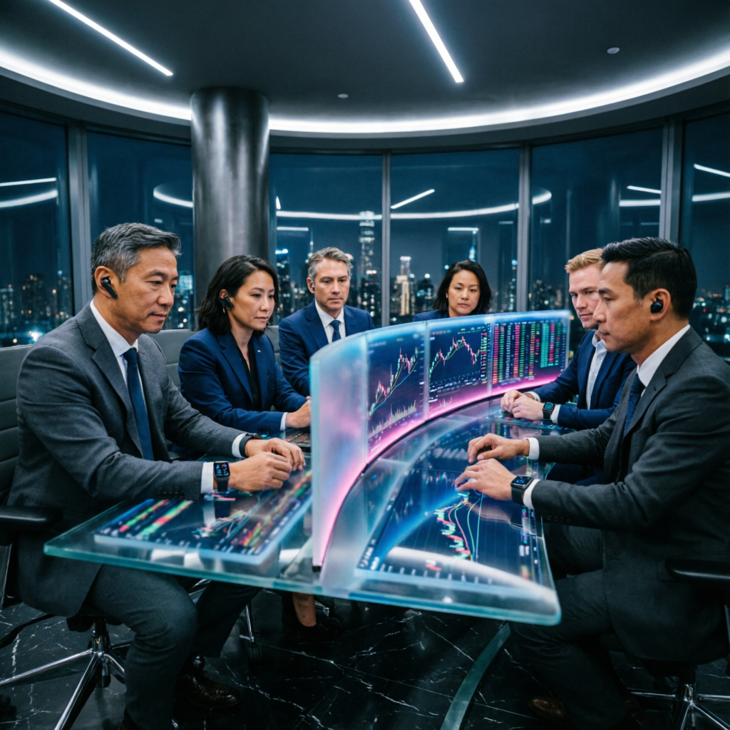 Professional prop firm trading team collaborating on strategies