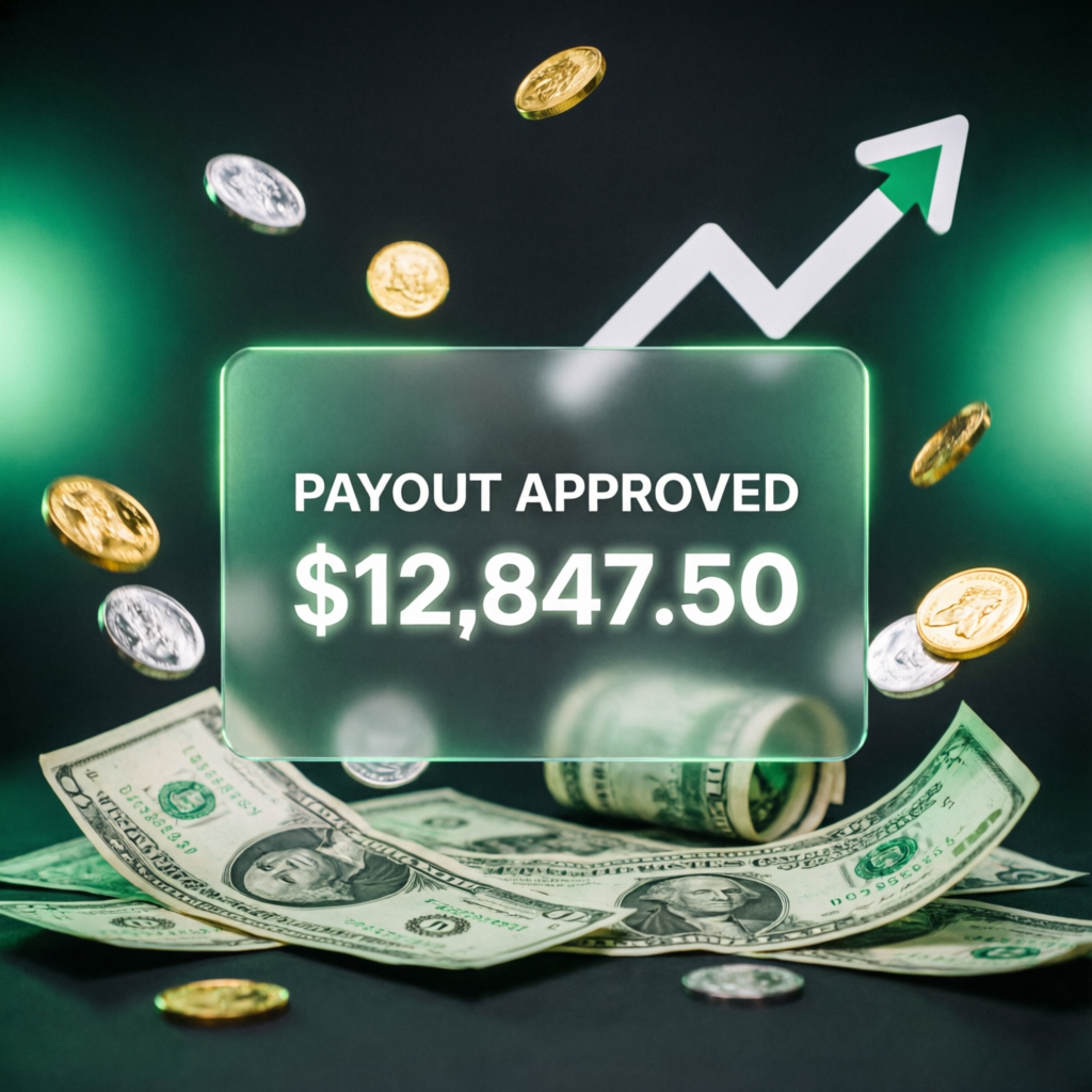 Trading payout approved with dollar bills and upward chart
