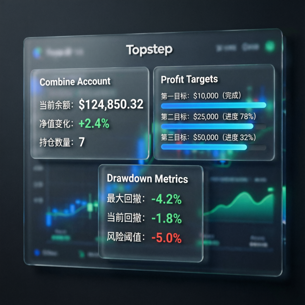 Topstep trading combine dashboard showing profit targets and drawdown metrics