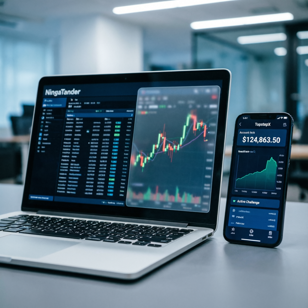 NinjaTrader and TopstepX trading platform on laptop and mobile