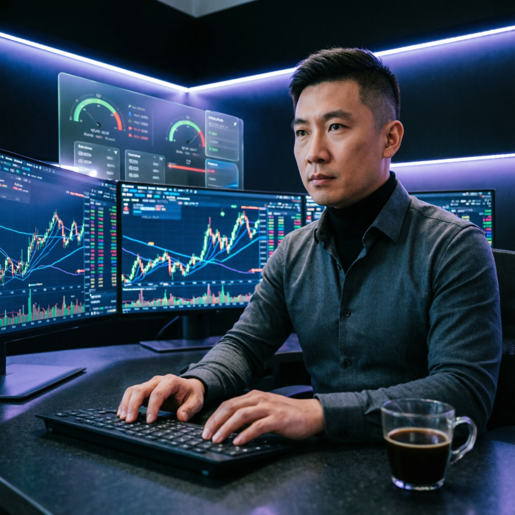 Professional forex trader at multi-monitor trading desk with financial charts