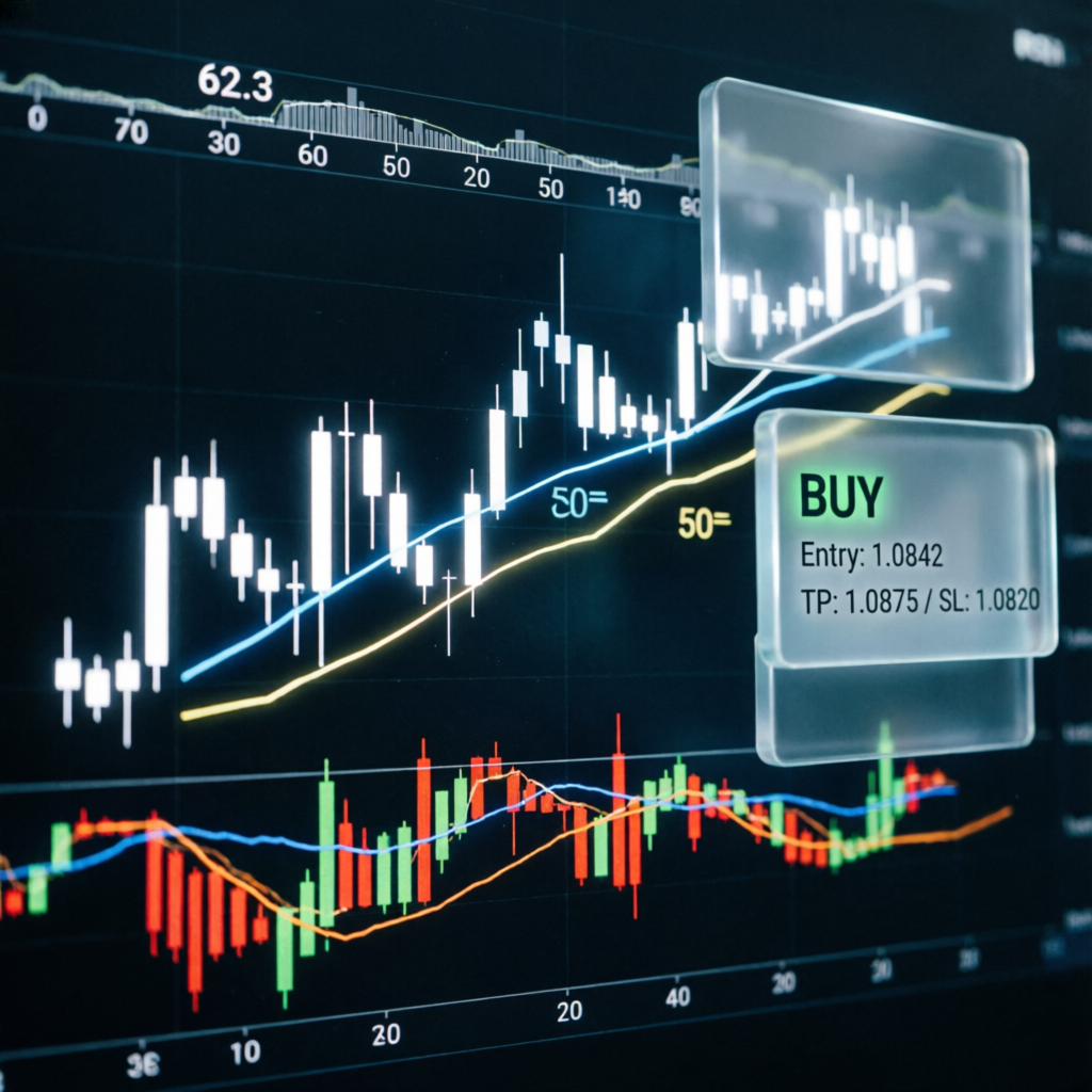Professional forex candlestick chart analysis with technical indicators