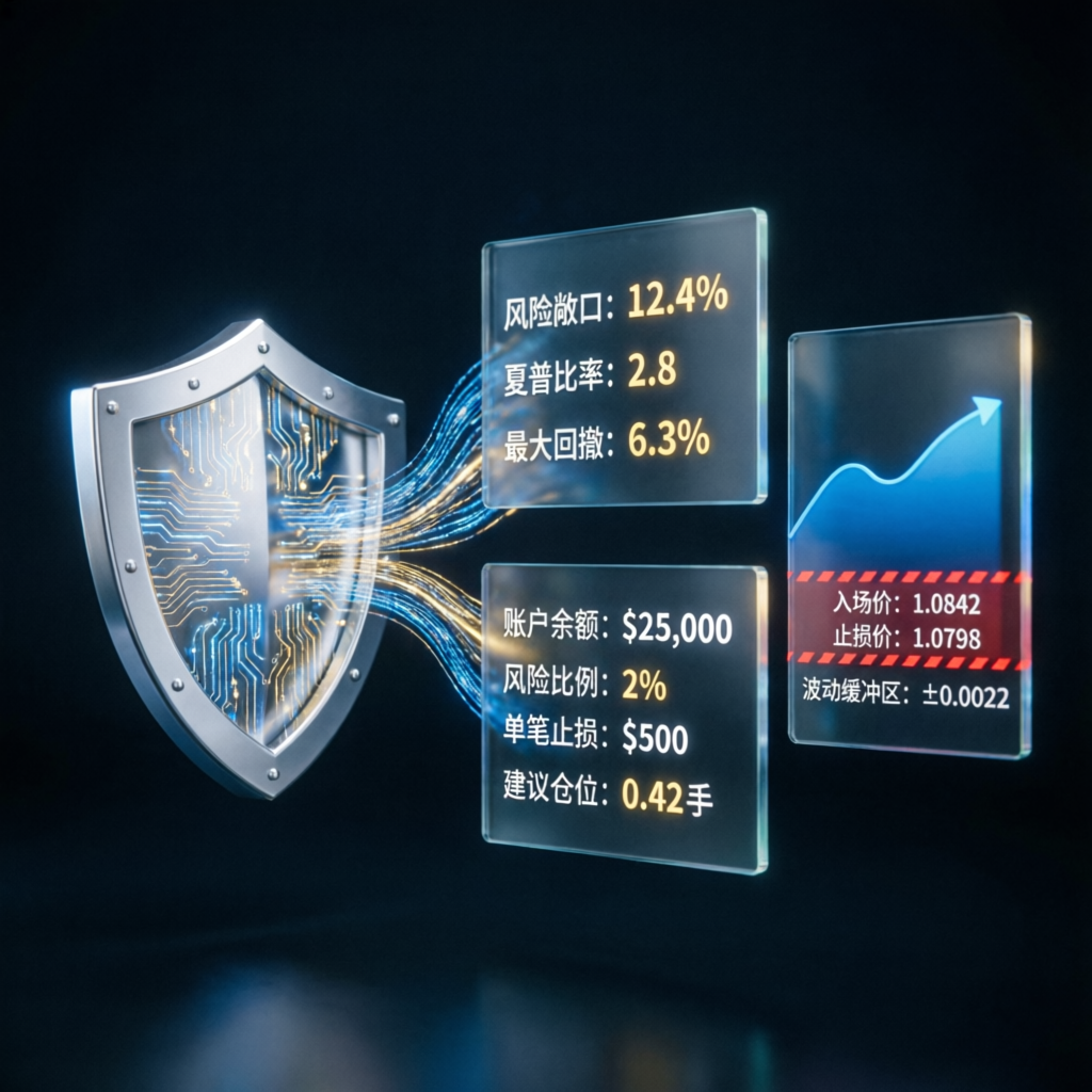 Risk management shield protecting trading capital with metrics
