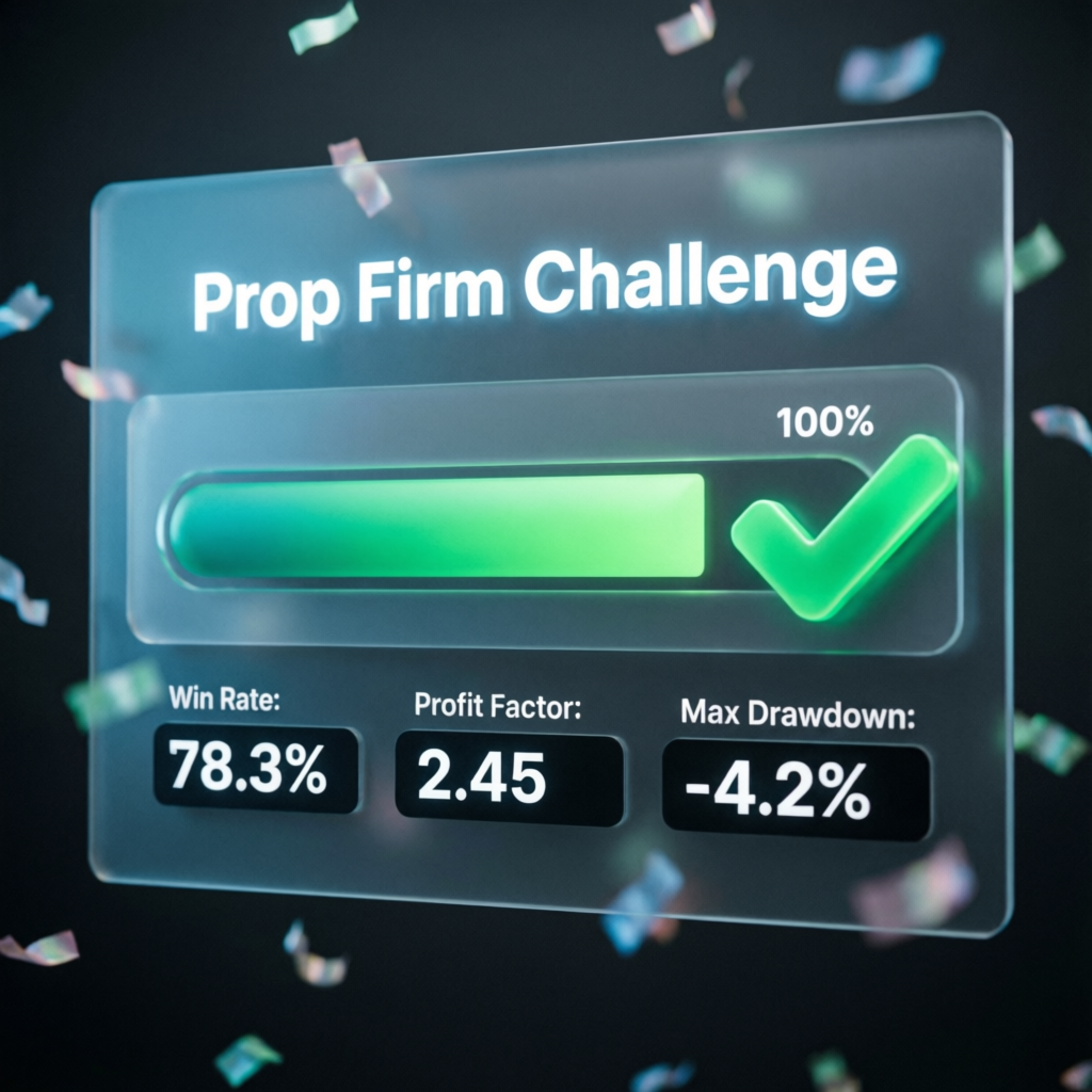 Prop firm challenge passing success with 100% progress bar
