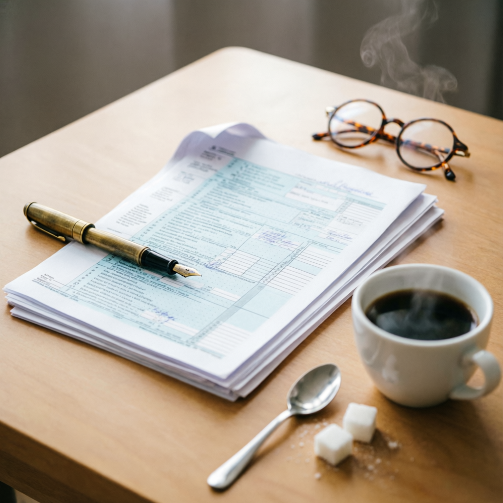 Documentos tributarios revisados junto a un café